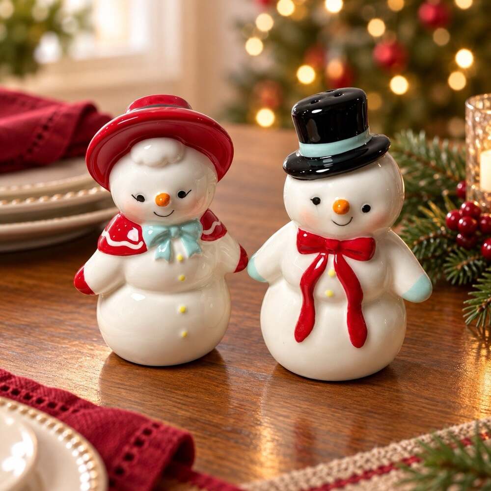 Hallmark Snowman Couple Salt & Pepper Shakers Ceramic Christmas Set of 2 NWT